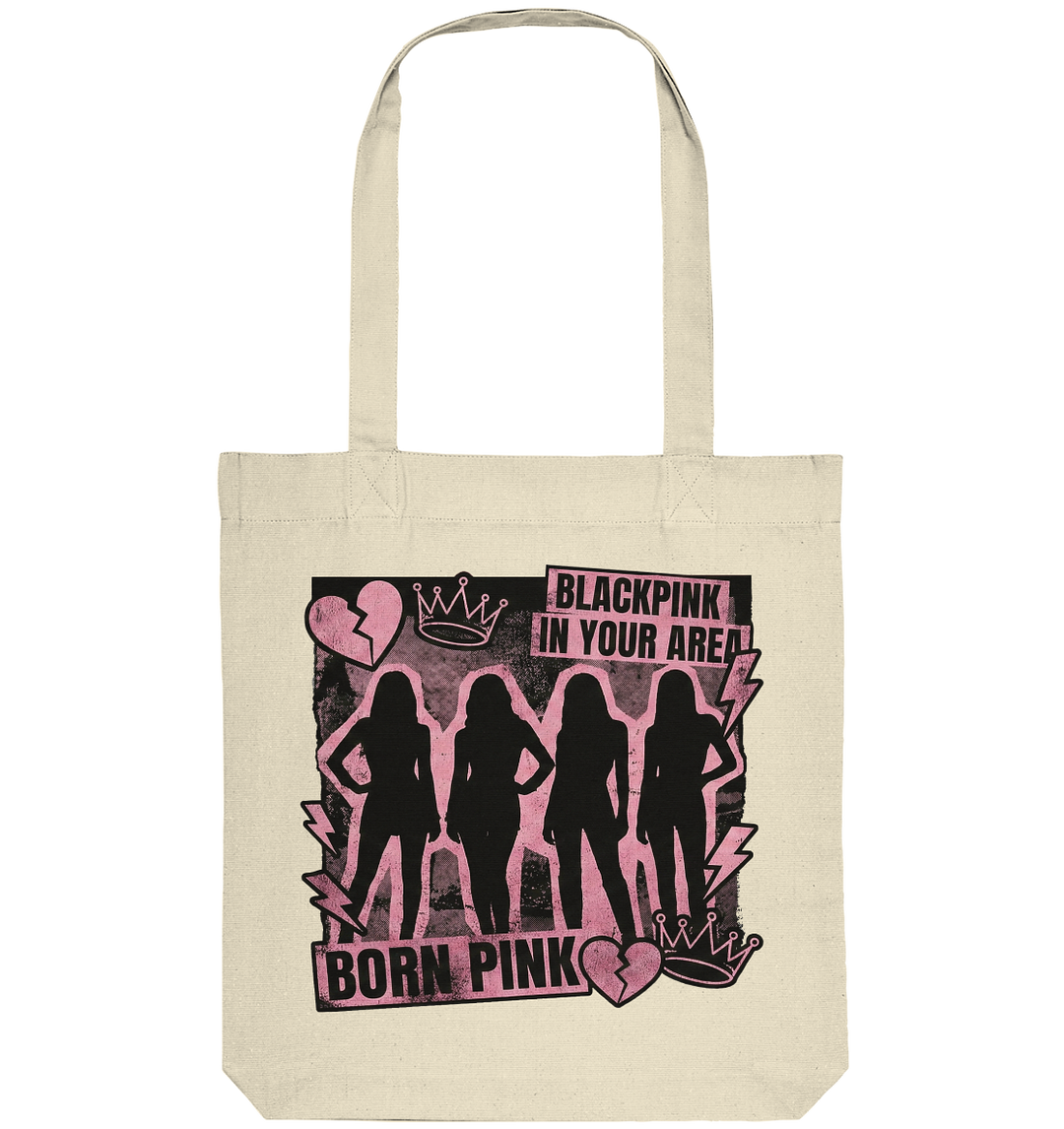 Beiger Blackpink Jutebeutel Born Pink Design mit Silhouetten der vier Mitglieder und Kronen Grafik